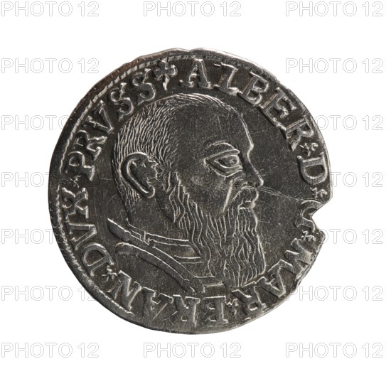trojak, Schilling, Maciej mintmaster/publisher, Decjusz, Jost Ludwik fl. 1528–1535 co-creator/mint manager, Albrecht Hohenzollern Prince of Prussia; 1490–1568 - iconography; male busts in armour, trefoils. Obv.: Male bust in armour in profile turned to the right; short hair, long beard with sideburns. In the rim an inscription beginning with a trefoil: -ALBER D G MAR BRAN DVX PRVSS; pearl border, plant motifs between the words. Rev.: In the pearl border an inscription in six lines: -III-.GROSS:AR:/.TRIPLEX./.ALBER:DVC./.PRVSSIE./-I541- . The denomination and date are between the trefoil marks. 1541. Ducal Prussia 1525–1701. Königsberg mint. Coin; diameter 22.5 mm; weight 2.55 g; axis 130°., A circular metallic coin with a worn silver-gray surface showing a raised profile of a bearded man facing right, with short hair, a detailed ear, and a long textured beard; the coin's rim features a raised border and a ring of decorative raised markings around the portrait; the coin has an irregular...