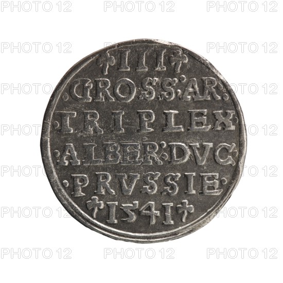 Obverse: Male bust in armour in profile turned right; short hair, long beard with sideburns. In the rim the inscription *ALBER DG MAR BRAN DVX PRVSS with double continuous border and floral motifs between the words. Reverse: In a double continuous border an inscription in six lines -III-.GROSS:AR:/.TRIPLEX./.ALBER:DVC./.PRVSSIE./-I54I-. Denomination and date between trefoil marks. 1541. Maker: Decius, Jost Ludwik fl. 1528–1535 co-creator; publisher: Schilling, Maciej mint master. Albrecht Hohenzollern Prince of Prussia; 1490–1568 — iconography. Ducal Prussia 1525–1701, Königsberg mint. Coin; diameter 22.4 mm; weight 2.60 g; axis 80°., A round metallic object with a textured surface, shown against a plain white background, featuring raised lettering arranged in horizontal lines across its face; the object appears in shades of gray and silver with darker recessed areas, and the edge shows slight irregularities and wear.