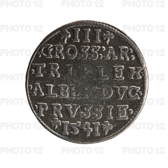 Trojak, Schilling, Maciej mintmaster; Decjusz, Jost Ludwik fl. 1528–1535 co-creator. Obverse: male bust in armour in profile turned right; short hair, long beard with sideburns; in rim an inscription beginning with a trefoil -ALBER D G MAR BRAN DVX PRVSS and a pearl border, plant motifs between the words. Reverse: in the pearl border an inscription in six lines -III-.GROSS:AR:/.TRIPLEX./.ALBER:DVC./.PRVSSIE./-I54I- with the denomination and date between trefoil marks. 1541, Königsberg, Ducal Prussia 1525–1701. Coin; diameter 22.7 mm, weight 2.43 g, axis 45°., A round metallic object with a worn, textured surface and a raised rim, shown against a white background. The object appears mostly dark gray with lighter silvery highlights on its raised areas. The surface shows rows of raised shapes and markings arranged horizontally, with some small decorative elements near the edges. The metal has scratches and uneven wear, and there are subtle variations in tone from dark charcoal to lighter ...