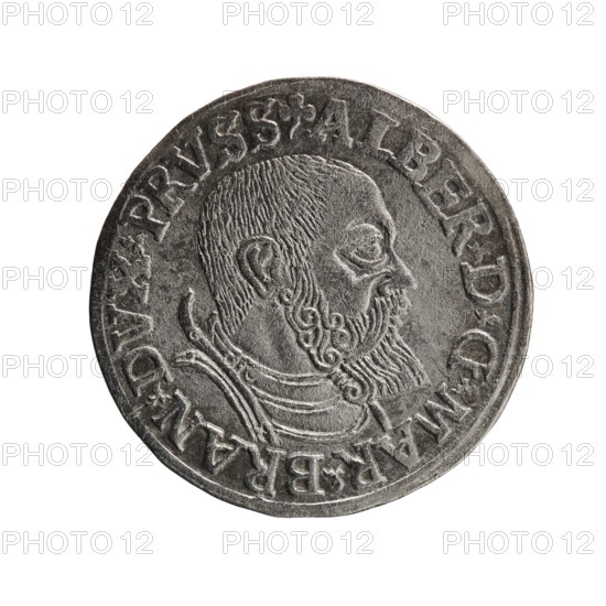 trojak, Schilling, Maciej mintmaster/publisher, Decjusz, Jost Ludwik fl. 1528-1535 co-creator; mint manager, Albrecht Hohenzollern Prince of Prussia; 1490-1568 - iconography: trefoils, male busts in armour. Obv.: male bust in armour in profile turned to the right; short hair, beard with sideburns. In the rim an inscription beginning with a trefoil: -ALBER DG MAR BRAN DVX PRVSS; double continuous border, plant motifs between the words. Rev.: in the pearl border an inscription in six lines: -III-.GROSS:AR:/.TRIPLEX./.ALBER:DVC./.PRVSSIE./-I54I-; the denomination and date are between the trefoil marks. 1541, Königsberg Ducal Prussia, 1525–1701. Coin; diameter 22.4 mm, weight 2.53 g, axis 280°., A round metallic coin with a worn silver-gray surface showing a profile relief of a bearded man facing right, with detailed hair and curly beard, a visible ear, and a decorative collar or armor at the neck; the coin edge contains raised rim and an incised circular border with a series of raised cha...
