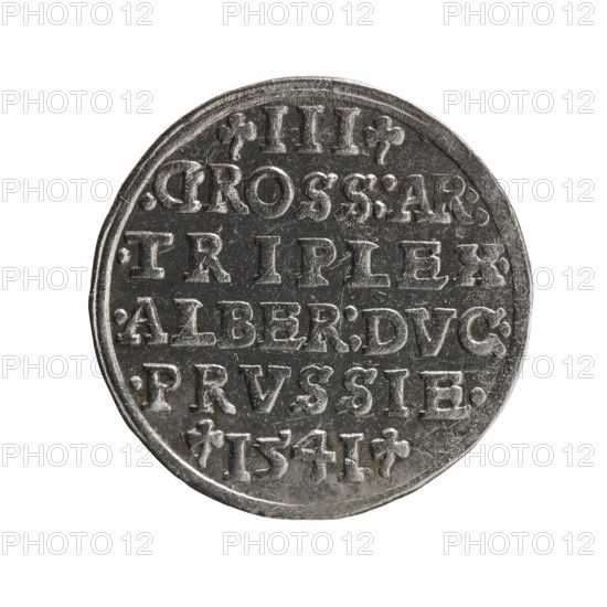 trojak, Schilling, Maciej mintmaster publisher, Decjusz, Jost Ludwik fl. 1528-1535 mint manager co-creator, Albrecht Hohenzollern Prince of Prussia; 1490-1568 - iconography, trefoils, male busts in armour. Obv.: Male bust in armour in profile turned to the right; short hair, beard with sideburns. In the rim an inscription beginning with a trefoil -ALBER DG MAR BRAN DVX PRVSS; double continuous border, plant motifs between the words. Rev.: In the pearl border an inscription in six lines -III-.GROSS:AR:/.TRIPLEX./.ALBER:DVC./.PRVSSIE./-I54I-; the denomination and date are between the trefoil marks. 1541, Königsberg; Ducal Prussia 1525-1701. Coin, diameter 22.4 mm, weight 2.53 g, axis 280°., A round metallic object with a textured surface shown against a white background; the object appears worn with raised and recessed areas creating a pattern of shapes and decorative flourishes. The metal shows shades of silver and gray with darker gray in the recessed areas and lighter silver on the ra...