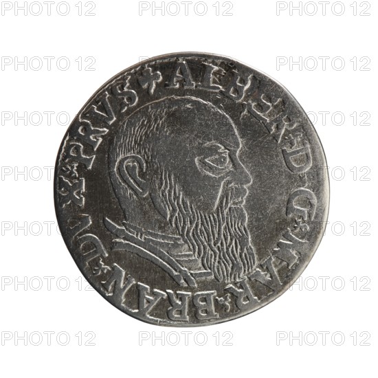 Trojak; Decius, Jost Ludwik fl. 1528–1535 co-creator, Schilling, Maciej publisher; Albrecht Hohenzollern Prince of Prussia; 1490–1568 — iconography. Obverse: male bust in armour in profile turned right; short hair, long beard with sideburns. In the rim an inscription beginning with a trefoil: -ALBER DG MAR BRAN DVX PRVS; pearl border; plant motifs between words. Reverse: in the pearl border an inscription in six lines: -III-.GROSS:AR:/.TRIPLEX./.ALBER:DVC./.PRVSSIE./-I54I-; denomination and date between trefoil marks. Date: 1541. Place: Ducal Prussia 1525–1701, Königsberg mint. Coin; diameter 22.5 mm; weight 2.60 g; axis 220°., A circular metallic object with a worn silver-gray surface showing a raised profile of a bearded man facing right, with detailed hair and beard texture and a visible ear; the rim features a raised decorative border and a ring of embossed characters; the metal shows scratches and varied patina with areas of darker gray and lighter silver highlights.