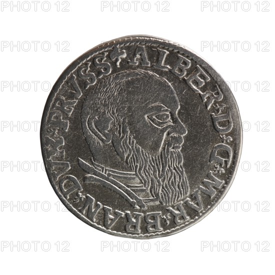 trojak; Schilling, Maciej mintmaster; Decjusz, Jost Ludwik fl. 1528–1535 co-creator; Albrecht Hohenzollern Prince of Prussia; 1490–1568 — iconography: trefoils, male busts in armour. Obv.: Male bust in armour in profile turned to the right; short hair, long beard with sideburns. In the rim an inscription beginning with a trefoil: -ALBER DG MAR BRAN DVX PRVSS. Pearl border, plant motifs between the words. Rev.: In the pearl border an inscription in six lines: -III-.GROSS:AR:/.TRIPLEX./.ALBER:DVC./.PRVSSIE./-I54I-. The denomination and date are between trefoil marks. 1541. Ducal Prussia 1525–1701, Königsberg mint. Coin; diameter 22.7 mm; weight 2.54 g; axis 90°., A circular metallic object with a raised profile of a bearded man facing right, showing textured hair and a long carved beard, surrounded by a raised decorative border and raised characters around the edge; the object appears silver-gray with darker recessed areas and lighter highlights, and the background is white.