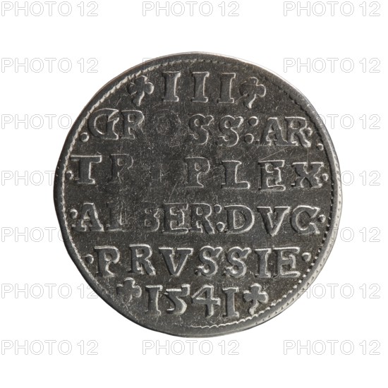 trojak, Schilling, Maciej mintmaster publisher, Decjusz, Jost Ludwik fl. 1528-1535 mint manager co-creator. Albrecht Hohenzollern Prince of Prussia; 1490-1568 - iconography: trefoils, male busts in armour. Obv.: male bust in armour in profile to right; short hair, long beard with sideburns. In the rim an inscription beginning with a trefoil -ALBER DG MAR BRAN DVX PRVSS; pearl border, plant motifs between the words. Rev.: in the pearl border an inscription in six lines -III-.GROSS:AR:/.TRIPLEX./.ALBER:DVC./.PRVSSIE./-I54I-; the denomination and date are between trefoil marks. 1541. Ducal Prussia 1525–1701. Königsberg mint. Coin; diameter 22.7 mm; weight 2.54 g; axis 90°., A round metallic coin photographed against a white background, showing a worn textured surface with raised lettering and decorative marks around the edge; the coin appears silver-gray with darker gray areas in the recessed parts and lighter highlights on the raised details, and its rim shows small beaded edging and sli...