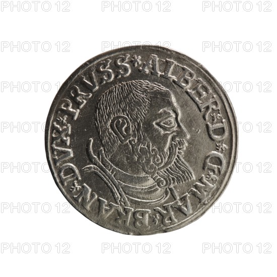 Trojak; Decius, Jost Ludwik fl. 1528–1535 mint manager, co-creator; Schilling, Maciej mintmaster, publisher. Albrecht Hohenzollern Prince of Prussia; 1490–1568 — iconography: male bust in armour, stars. Obverse: male bust in armour in profile turned to the right; short hair, beard with sideburns. Inscription around the rim: *ALBER DG MAR BRAN DVX PRVSS. Double continuous border, floral motifs between the words. Reverse: within a double continuous border an inscription in six lines: -III-.GROSS:AR:/.TRIPLEX./.ALBER:DVC./.PRVSSIE./-I54I-. Denomination and date between trefoil marks. 1541. Ducal Prussia 1525–1701, Königsberg mint. Coin; diameter 22.5 mm; weight 2.50 g; axis 45°., A circular metallic object with a raised profile of a man's head facing right, showing short textured hair, a mustache, and a beard with visible curls; the man appears to wear a layered collar or armor piece below his neck. The surface has a weathered, slightly tarnished finish with visible scratches and dents. T...