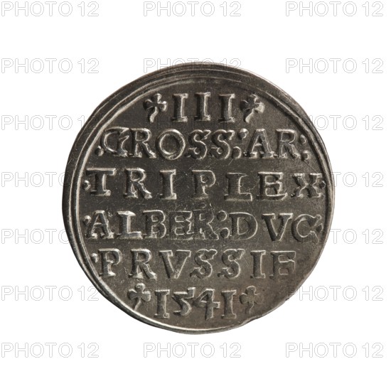Trojak by Decius, Jost Ludwik fl. 1528–1535 and Schilling, Maciej mintmaster, publisher. Iconography: Albrecht Hohenzollern Prince of Prussia; 1490–1568 — male bust in armour, stars. Obverse: male bust in armour in profile to right; short hair, beard with sideburns. Inscription around rim: *ALBER DG MAR BRAN DVX PRVSS. Double continuous border, floral motifs between words. Reverse: within double continuous border an inscription in six lines: -III-.GROSS:AR:/.TRIPLEX./.ALBER:DVC./.PRVSSIE./-I54I-. Denomination and date between trefoil marks. Date: 1541. Place: Ducal Prussia 1525–1701, Königsberg mint. Coin; diameter 22.5 mm; weight 2.50 g; axis 45°., A round metallic object with a textured surface and raised details, showing a dark silver-gray color with lighter silver highlights, set against a white background; the object has a narrow raised rim, a series of indented circular grooves near the edge, and a pattern of raised, blocky shapes arranged in rows across its face; there are a few...