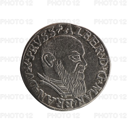 trojak; maker: Schilling, Maciej mintmaster; co-creator: Decjusz, Jost Ludwik fl. 1528–1535 mint manager; engraver: Szymonski, Jan 1887–1954. Obverse: male bust in armour in profile turned right; short hair, long beard with sideburns. In the rim an inscription beginning with a trefoil: -ALBER DG MAR BRAN DVX PRVSS; pearl border, plant motifs between the words. Reverse: in the pearl border an inscription in six lines: -III-.GROSS:AR:/.TRIPLEX./ALBER:DVC./.PRVSSIE./-I54I-; the denomination and date are between trefoil marks. Date: 1541. Place: Ducal Prussia Königsberg. Object type: coin trojak. Dimensions: diameter 22.7 mm, weight 2.64 g, axis 315°., A circular metallic object with a worn silver-gray surface showing a raised profile of a bearded man facing right, with detailed hair and beard texture and a visible ear and eye; a raised rim surrounds the design and there is a band of decorative raised elements around the inner edge. The colors visible are silver-gray and darker gray tones.