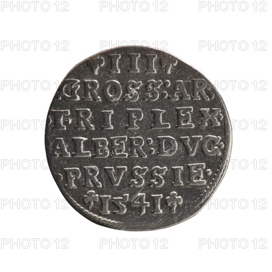 trojak; Schilling, Maciej mintmaster; Decjusz, Jost Ludwik fl. 1528-1535 co-creator; mint manager; Szymonski, Jan 1887-1954 maker; Albrecht Hohenzollern Prince of Prussia; 1490-1568 — iconography: trefoils, male busts in armour. Obv.: Male bust in armour in profile turned to the right; short hair, long beard with sideburns. In the rim an inscription beginning with a trefoil: -ALBER DG MAR BRAN DVX PRVSS pearl border, plant motifs between the words. Rev.: In the pearl border an inscription in six lines: -III-.GROSS:AR:/.TRIPLEX./ALBER:DVC./.PRVSSIE./-I54I- the denomination and date are between the trefoil marks. 1541. Ducal Prussia 1525–1701, Königsberg mint. Coin; diameter 22.7 mm; weight 2.64 g; axis 315°., A round metallic coin with a worn, textured surface shown against a white background, featuring raised lettering arranged in horizontal lines that cover most of its face; the coin appears silver-gray with darker gray areas in the recesses and lighter, slightly reflective highlights...