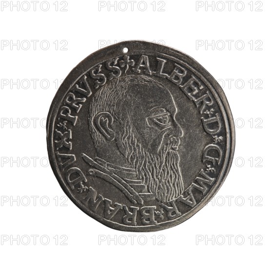 Trojak coin by Schilling, Maciej mintmaster; co-creator Decjusz, Jost Ludwik fl. 1528–1535 mint manager; maker: Albrecht Hohenzollern Prince of Prussia; 1490–1568 — iconography. Obverse: male bust in armour in profile turned to the right; short hair, long beard with sideburns. In the rim an inscription beginning with a trefoil: -ALBER DG MAR BRAN DVX PRVSS; double continuous border, floral motifs between the words. Reverse: within a double continuous border an inscription in six lines: -III-.GROSS:AR:/.TRIPLEX./.ALBER:DVC./.PRVSSIE./-I54I-; denomination and date between trefoil marks. 1541. Ducal Prussia 1525–1701; Königsberg mint. Coin: diameter 23.1 mm, weight 2.48 g, axis 100°., A circular metallic object with a textured surface showing wear, primarily silver-gray in color, featuring a raised profile of a bearded person facing right with short hair and a long beard, surrounded by a raised rim and decorative raised elements along the rim; the background is plain white.