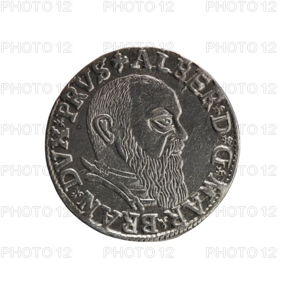 trojak, Schilling, Maciej mintmaster publisher, Decjusz, Jost Ludwik fl. 1528-1535 mint manager co-creator. Albrecht Hohenzollern Prince of Prussia; 1490-1568 - iconography: trefoils, male busts in armour. Obv. Male bust in armour in profile turned to the right; short hair, long beard with sideburns. In the rim an inscription beginning with a trefoil -ALBER DG MAR BRAN DVX PRVS; pearl border, plant motifs between the words. Rev. In the pearl border there is an inscription in six lines -III-.GROSS:AR:/.TRIPLEX./.ALBER:DVC./.PRVSSIE./-I54I- The denomination and date are between the trefoil marks. 1541. Ducal Prussia 1525-1701, Königsberg mint. Coin; diameter 22.5 mm; weight 2.56 g; axis 130 degrees., A round metallic coin with a raised profile of a bearded man facing right, showing detailed hair and beard texture and a pronounced ear and eye; the coin surface is silver-gray with darker recessed areas and lighter raised highlights, and the background around the coin is white.