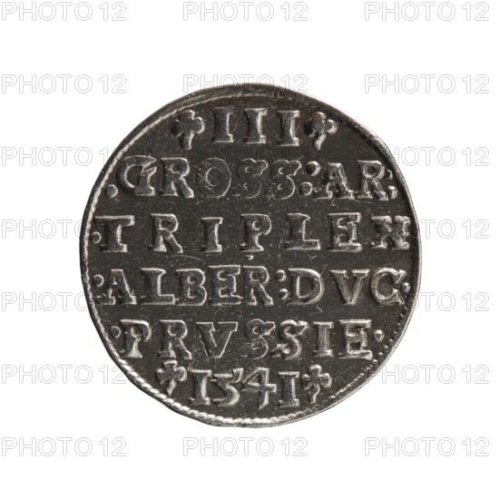 trojak, Schilling, Maciej mintmaster publisher, Decjusz, Jost Ludwik fl. 1528-1535 mint manager co-creator, Albrecht Hohenzollern Prince of Prussia; 1490-1568 - iconography, trefoils, male busts in armour. Obv.: Male bust in armour in profile turned to the right; short hair, long beard with sideburns. In the rim an inscription beginning with a trefoil -ALBER DG MAR BRAN DVX PRVS; pearl border, plant motifs between the words. Rev.: In the pearl border there is an inscription in six lines -III-.GROSS:AR:/.TRIPLEX./.ALBER:DVC./.PRVSSIE./-I54I-. The denomination and date are between the trefoil marks. 1541. Ducal Prussia 1525-1701, Königsberg mint. Coin; diameter 22.5 mm; weight 2.56 g; axis 130°.