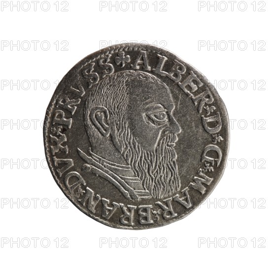 trojak, Schilling, Maciej mintmaster publisher, Decjusz, Jost Ludwik fl. 1528–1535 mint manager co-creator, Albrecht Hohenzollern Prince of Prussia; 1490–1568 - iconography; trefoils; male busts in armour. Obv.: male bust in armour in profile to right; short hair, long beard with sideburns. In the rim an inscription beginning with a trefoil: -ALBER DG MAR BRAN DVX PRVSS; pearl border; plant motifs between the words. Rev.: in the pearl border an inscription in six lines: -III-.GROSS:AR:/.TRIPLEX./.ALBER:DVC./.PRVSSIE./-I54I-; the denomination and date are between trefoil marks. 1541. Ducal Prussia 1525–1701; Königsberg mint. Coin; diameter 22.2 mm; weight 2.62 g; axis 270°., A round metallic coin with a raised profile of a bearded man facing right, showing detailed hair and beard texture, a visible ear, and a layered collar; the coin has a raised rim and a band of raised decorative elements around the edge; colors visible include shades of silver, gray, and dark gray.