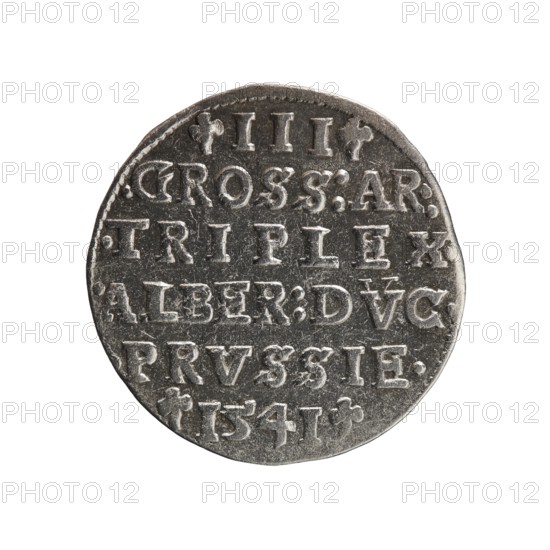 trojak; Schilling, Maciej mintmaster/publisher; Decjusz, Jost Ludwik fl. 1528–1535 co-creator; mint manager; iconography: Albrecht Hohenzollern Prince of Prussia; 1490–1568; trefoils; male busts in armour. Obverse: male bust in armour in profile turned to the right; short hair, long beard with sideburns; in the rim an inscription beginning with a trefoil: -ALBER DG MAR BRAN DVX PRVSS; pearl border; plant motifs between the words. Reverse: in the pearl border an inscription in six lines: -III-.GROSS:AR:/.TRIPLEX./.ALBER:DVC./.PRVSSIE./-I54I-; the denomination and date are between trefoil marks. 1541. Ducal Prussia 1525–1701, Königsberg mint. Coin; diameter 22.2 mm; weight 2.62 g; axis 270°., A round metallic coin with a slightly irregular edge shown against a white background; the coin surface is dark silver with lighter raised areas where stamped details appear; the raised areas form a series of evenly spaced raised shapes and lines across the face of the coin, creating a structured, g...