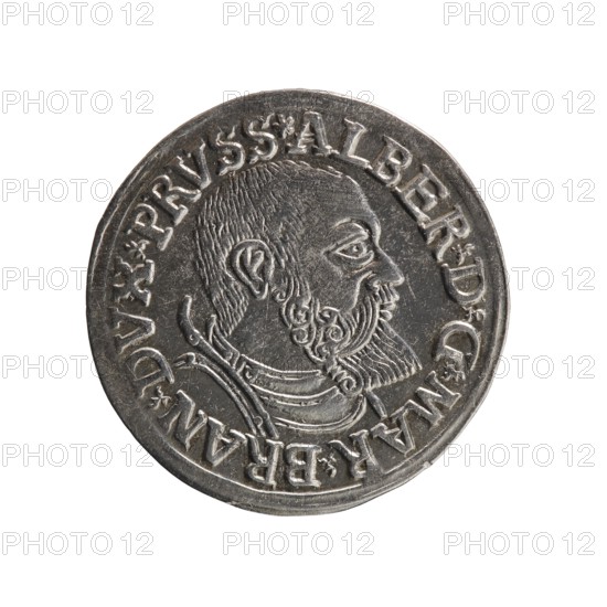 trojak; Schilling, Maciej mintmaster; Decjusz, Jost Ludwik fl. 1528–1535 co-creator; Albrecht Hohenzollern Prince of Prussia; 1490–1568 — iconography: male busts in armour, stars. Obverse: male bust in armour in profile turned to the right; short hair, beard with sideburns. Inscription around the rim: *ALBER DG MAR BRAN DVX PRVSS. Double continuous border, floral motifs between the words. Reverse: in a double continuous border an inscription in six lines: -III-.GROSS:AR:/.TRIPLEX./.ALBER:DVC./.PRVSSIE./-I54I-. The denomination and date are between trefoil marks. 1541. Ducal Prussia 1525–1701; Königsberg mint. Coin; diameter 22.6 mm; weight 2.59 g; axis 220°., A round metallic coin with a worn silver-gray surface showing a raised profile of a bearded man facing right, with detailed hair and a curled beard and a high collar or armor around his neck; a raised rim encircles the portrait and a band of decorative raised elements follows the rim; the overall colors visible are silver-gray wit...