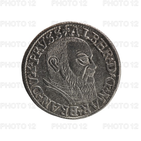 trojak, Schilling, Maciej mintmaster; publisher, Decjusz, Jost Ludwik fl. 1528–1535 co-creator; mint manager, Albrecht Hohenzollern Prince of Prussia; 1490–1568 — iconography: trefoils, male busts in armour. Obv.: male bust in armour in profile turned to the right; short hair, long beard with sideburns. In the rim an inscription beginning with a trefoil: -ALBER DG MAR BRAN DVX PRVSS pearl border, plant motifs between the words. Rev.: in the pearl border an inscription in six lines: -III-.GROSS:AR:/.TRIPLEX./.ALBER:DVC./.PRVSSIE./-I54I-. The denomination and date are between the trefoil marks. 1541. Ducal Prussia 1525–1701, Königsberg mint. Coin. Diameter 22.7 mm; weight 2.48 g; axis 45°., A circular metallic coin shown against a white background with a raised profile of a bearded man facing right, detailed hair and beard textures, an ear and collar visible, and a decorative raised border around the edge; the coin surface shows wear and varied shading in metallic gray and silver tones.