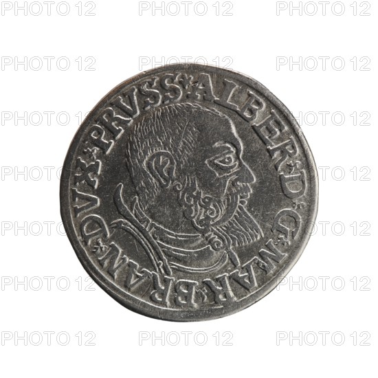 trojak; Schilling, Maciej mintmaster / publisher; Decjusz, Jost Ludwik fl. 1528–1535 co-creator / mint manager. Obverse: male bust in armour in profile to the right; short hair, beard with sideburns. Inscription around the rim: *ALBER DG MAR BRAN DVX PRVSS. Double continuous border, floral motifs between the words. Reverse: inscription in six lines within a continuous border: -III-.GROSS:AR:/.TRIPLEX./.ALBER:DVC./.PRVSSIE./-I54I-. Denomination and date between trefoil marks. 1541. Ducal Prussia 1525–1701, Königsberg mint. Coin; diameter 22.3 mm; weight 2.57 g; axis 45°., A circular metallic coin with a raised profile of a bearded man facing right, showing detailed hair and facial lines; the coin has a decorative raised border and an outer ring with raised characters around the portrait; the metal appears silver-gray with darker recessed areas creating contrast and subtle highlights on raised surfaces.