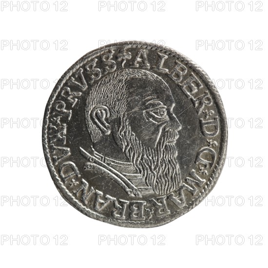 Trojak, Schilling, Maciej mintmaster; Decjusz, Jost Ludwik fl. 1528–1535 co-creator; obverse: male bust in armour in profile facing right; short hair, long beard with sideburns; rim inscription beginning with a trefoil: -ALBER DG MAR BRAN DVX PRVSS; pearl border and plant motifs between words. Reverse: six-line inscription in pearl border: -III-.GROSS:AR:/.TRIPLEX./.ALBER:DVC./.PRVSSIE./-I54I- with denomination and date between trefoil marks. 1541. Ducal Prussia 1525–1701, Königsberg mint. Coin. Diameter 22.7 mm; weight 2.77 g; axis 30°., A round metallic coin shown against a white background featuring a detailed profile of a bearded man facing right, with textured hair and a long, wavy beard. The coin surface shows engraved lines and worn areas, and there is a raised border around the edge. Visible colors include silver, gray, and darker gray tones.