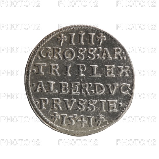 Trojak, Schilling, Maciej mintmaster; Decjusz, Jost Ludwik fl. 1528–1535 co-creator, mint manager. Obverse: male bust in armour in profile turned right; short hair, long beard with sideburns. In the rim an inscription beginning with a trefoil: -ALBER DG MAR BRAN DVX PRVSS, pearl border, plant motifs between the words. Reverse: inscription in six lines in the pearl border: -III-.GROSS:AR:/.TRIPLEX./.ALBER:DVC./.PRVSSIE./-I54I- with denomination and date between trefoil marks. 1541. Ducal Prussia 1525–1701. Königsberg mint. Coin; diameter 22.7 mm; weight 2.77 g; axis 30°., A round metallic coin with a slightly irregular edge shown against a white background, the coin surface is silver-gray with darker gray patina in recesses and lighter highlights on raised areas, a group of raised characters and decorative dots arranged in horizontal lines cover the face, there is a rope-like border pattern near the rim, and small ornamental marks appear near the top and bottom edges.