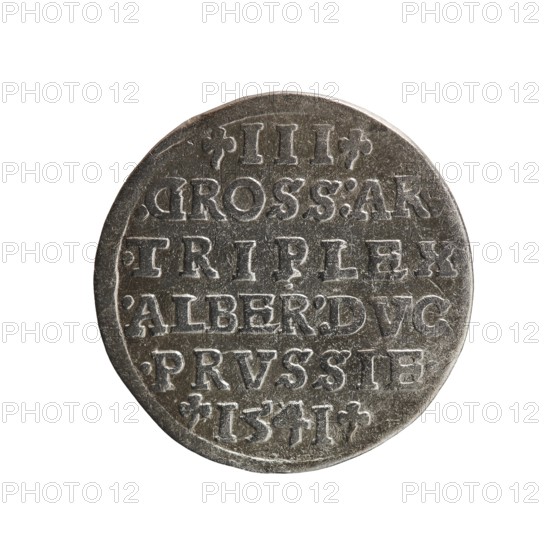 Obv. Male bust in armour in profile turned to the right; short hair, long beard with sideburns. In the rim an inscription beginning with a trefoil -ALBER DG MAR BRAN DVX PRVSS pearl border, plant motifs between the words. Rev. In the border an inscription in six lines -III-.GROSS:AR:/.TRIPLEX./.ALBER:DVC./.PRVSSIE./-I54I-. The denomination and date are between the trefoil marks. 1541. Maker: trojak, Decius, Jost Ludwik fl. 1528–1535 co-creator; Schilling, Maciej publisher. Issued for Albrecht Hohenzollern Prince of Prussia; 1490–1568. Ducal Prussia 1525–1701, Königsberg mint. Coin; diameter 22.4 mm, weight 2.50 g, axis 60°., A round metallic coin with a worn, textured surface showing raised, incised details; the coin appears in shades of gray and silver with darker gray areas in the recessed parts and lighter silver highlights on the raised edges; the coin fills most of the frame against a plain white background.
