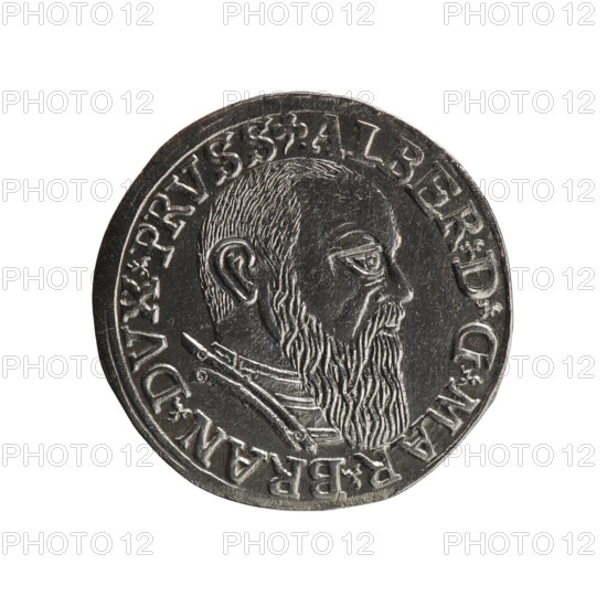 trojak; Schilling, Maciej mintmaster / publisher; Decjusz, Jost Ludwik fl. 1528–1535 co-creator / mint manager; Albrecht Hohenzollern Prince of Prussia; 1490–1568 — iconography. Obverse: male bust in armour in profile turned to the right; short hair, long beard with sideburns. In the rim an inscription beginning with a trefoil — ALBER DG MAR BRAN DVX PRVSS; double continuous border, floral motifs between the words. Reverse: within a double continuous border an inscription in six lines — III. GROSS:AR:/.TRIPLEX./.ALBER:DVC./.PRVSSIE./-1541-; the denomination and date are between trefoil marks. 1541; Ducal Prussia 1525–1701, Königsberg mint. Coin; diameter 22.5 mm; weight 2.68 g; axis 40°., A round metallic coin with a raised profile of a bearded man's head facing right, showing detailed hair, ear, eye, nose, and long beard, with a raised border and a ring of decorative raised text-like markings around the edge; visible colors include silver, gray, black, and white.