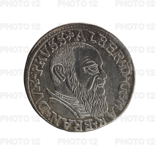 trojak; Schilling, Maciej mintmaster; Decjusz, Jost Ludwik fl. 1528-1535 co-creator; Albrecht Hohenzollern Prince of Prussia; 1490-1568. Obv.: male bust in armour in profile turned to the right; short hair, long beard with sideburns. In the rim an inscription beginning with a trefoil: -ALBER DG MAR BRAN DVX PRVSS. Pearl border, plant motifs between the words. Rev.: inscription in six lines in the pearl border: -III-.GROSS:AR:/.TRIPLEX./.ALBER:DVC./.PRVSSIE./-I54I-. The denomination and date are between trefoil marks. 1541. Ducal Prussia 1525–1701, Königsberg mint. Coin; diameter 22.8 mm; weight 2.56 g; axis 90°.