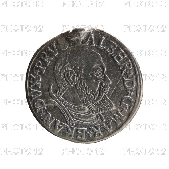 trojak, Schilling, Maciej mintmaster; Decjusz, Jost Ludwik fl. 1528-1535 co-creator; mint manager. Albrecht Hohenzollern Prince of Prussia; 1490-1568 — iconography. Obv.: male bust in armour in profile turned to the right; short hair, beard with sideburns. In the rim an inscription beginning with a trefoil: -ALBER DG MAR BRAN DVX PRVSS; double continuous border, plant motifs between the words. Rev.: in a double continuous border an inscription in six lines: -III-.GROSS:AR:/.TRIPLEX./.ALBER:DVC./.PRVSSIE./-I54I-. The denomination and date are between the trefoil marks. 1541. Ducal Prussia 1525–1701, Königsberg mint. Coin; diameter 22.5 mm; weight 2.44 g; axis 220°., A round metallic coin with a raised profile of a bearded man facing right, showing detailed hair and beard texture, an ear, and a stylized collar; the coin surface is silver-gray with darker tarnished areas and lighter highlights; there is a raised decorative rim around the edge and a ring of raised characters encircling the...