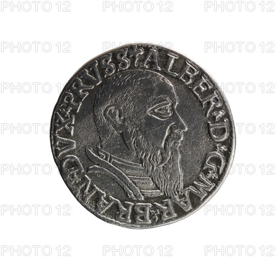 Trojak, Decius, Jost Ludwik fl. 1528–1535 co-creator, Straub Strawb, Heinrich mintmaster / publisher. Albrecht Hohenzollern Prince of Prussia; 1490–1568 — iconography: trefoils, male busts in armour. Obverse: male bust in armour in profile turned right; short hair, long beard with sideburns. In the rim an inscription beginning with a trefoil: -ALBER DG MAR BRAN DVX PRVSS; pearl border, plant motifs between the words. Reverse: in the pearl border an inscription in six lines: -III-.GROSS:AR:/.TRIPLEX./.ALBER:DVC./.PRVSSIE./-I54Z-; the denomination and date are between trefoil marks. 1542. Ducal Prussia 1525–1701, Königsberg mint. Coin; diameter 20.3 mm, weight 2.37 g, axis 150°., A circular metallic coin with a raised profile of a bearded man facing right, showing detailed hair, ear, eye, nose, and a long textured beard; the man appears to wear a garment with layered collars. The coin surface is silver-gray with darker gray recessed areas and lighter gray highlights on raised sections. T...