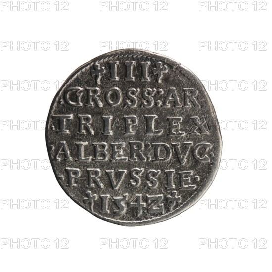 Trojak; Straub Strawb, Heinrich mintmaster/publisher; Decius, Jost Ludwik fl. 1528–1535 co-creator/mint manager. Obverse: male bust in armour in profile facing right; short hair, long beard with sideburns. In the rim an inscription beginning with a trefoil: -ALBER DG MAR BRAN DVX PRVSS; pearl border, plant motifs between words. Reverse: in the pearl border an inscription in six lines: -III-.GROSS:AR:/.TRIPLEX./.ALBER:DVC./.PRVSSIE./-I54Z- denomination and date between trefoil marks. Date: 1542. Place: Ducal Prussia, Königsberg mint. Coin; diameter 21.2 mm; weight 2.39 g; axis 135°., A round metallic object with a worn textured surface showing raised design elements and indented areas, appearing in shades of silver, gray, and dark gray, with slight darker tarnishing around the edges and within crevices; the object has an uneven rim and scattered fine scratches and dents, and it sits against a plain white background.
