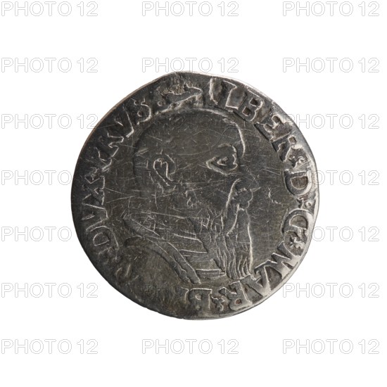 trojak, Straub Strawb, Heinrich mintmaster / publisher, Decius, Jost Ludwik fl. 1528-1535 mint manager / co-creator, Albrecht Hohenzollern Prince of Prussia; 1490-1568 - iconography, trefoils, male busts in armour. Obv. Male bust in armour in profile turned to the right; short hair, long beard with sideburns. In the rim an inscription beginning with a trefoil: -ALBER DG MAR B... DVX PRVSS pearl border, plant motifs between the words. Rev. In the pearl border there is an inscription in six lines: -III-.GROSS:A../.TR...EX/.ALB....VC./.PRVSSIE./-I54Z- The denomination and date are between the trefoil marks. 1542, Ducal Prussia 1525-1701, Königsberg mint, coin; diameter 20.7 mm, weight 2.51 g, axis 90 degrees., A round metallic coin with a worn surface showing a raised profile of a person's head facing right, with visible facial features including a nose, beard, and ear. The coin's edge is irregular and shows raised decorative elements around the perimeter. The surface has many fine scratc...