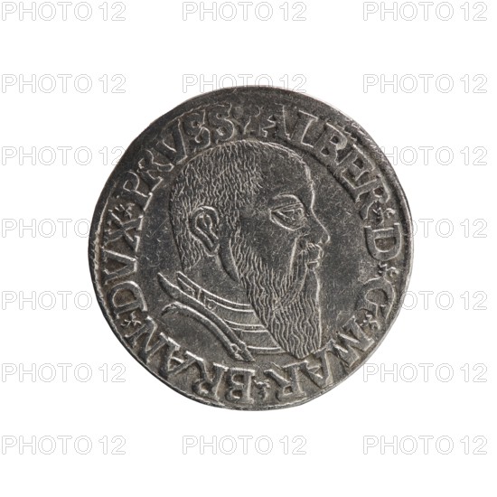 Trojak, Decius, Jost Ludwik fl. 1528–1535 co-creator, Straub Strawb, Heinrich mintmaster/publisher. Albrecht Hohenzollern Prince of Prussia; 1490–1568 — iconography: trefoils, male busts in armour. Obverse: male bust in armour in profile turned to the right; short hair, long beard with sideburns. In the rim an inscription beginning with a trefoil: -ALBER DG MAR BRAN DVX PRVSS pearl border, plant motifs between the words. Reverse: in the pearl border an inscription in six lines: -III-/.GROSS:AR:/.TRIPLEX./.ALBER:DVC./.PRVSSIE./-I54Z- the denomination and date are between the trefoil marks. Date: 1542. Place/type: Ducal Prussia 1525–1701, Königsberg mint. Object: coin trojak, diameter 21.1 mm, weight 2.60 g, axis 0°., A round metallic coin with a worn silver-gray surface showing a raised profile of a bearded man facing right; the man has short hair and a long textured beard and is depicted wearing a layered collar or garment with carved lines; the coin edge features raised decorative let...