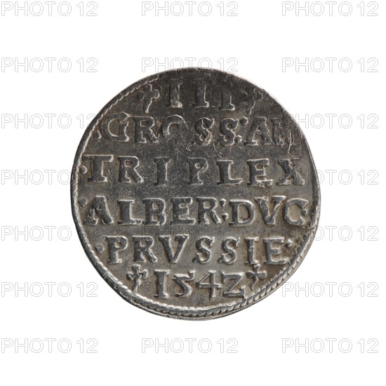 Trojak, Decius, Jost Ludwik fl. 1528–1535 co-creator; Straub Strawb, Heinrich mintmaster/publisher. Obverse: male bust in armour in profile facing right; short hair, long beard with sideburns. In the rim an inscription beginning with a trefoil: -ALBER DG MAR BRAN DVX PRVSS, pearl border, plant motifs between the words. Reverse: in the pearl border an inscription in six lines: -III-/.GROSS:AR:/.TRIPLEX./.ALBER:DVC./.PRVSSIE./-I54Z-; the denomination and date are between the trefoil marks. Iconography: Albrecht Hohenzollern Prince of Prussia; 1490–1568 — trefoils, male busts in armour. Date: 1542. Place: Ducal Prussia 1525–1701, Königsberg mint. Object: coin trojak, diameter 21.1 mm, weight 2.60 g, axis 0°., A round metal coin with a worn surface, showing a group of raised letterforms arranged in horizontal lines across its face; the coin displays a textured rim and areas of surface scratches and small dents, with visible colors including silver, gray, dark gray, and hints of brownish ta...