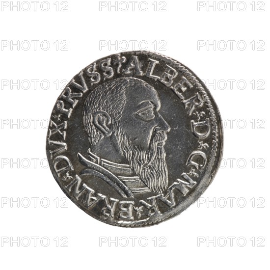 trojak; Straub Strawb, Heinrich mintmaster / publisher; Decjusz, Jost Ludwik fl. 1528–1535 mint manager / co-creator; Albrecht Hohenzollern Prince of Prussia; 1490–1568 — iconography: male busts in armour, trefoils. Obverse: male bust in armour in profile turned to the right; short hair, long beard with sideburns. In the rim an inscription beginning with a trefoil: -ALBER DG MAR BRAN DVX PRVSS; pearl border, floral motifs between the words. Reverse: in the pearl border an inscription in six lines: -III-.GROSS:AR:/.TRIPLEX./.ALBER:DVC./.PRVSSIE./-I54Z-; the denomination and date are between the trefoil marks. 1542. Ducal Prussia 1525–1701, Königsberg mint. Coin; diameter 21.2 mm; weight 2.71 g; axis 30°., A round metallic coin with a raised profile of a bearded man facing right, showing textured hair and a long beard; the man wears a layered collar or garment with carved lines. The coin surface is silver-gray with darker gray recessed areas and highlights on raised edges. There is a rai...