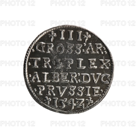 trojak, Straub Strawb, Heinrich mintmaster / publisher, Decjusz, Jost Ludwik fl. 1528-1535 mint manager / co-creator, Albrecht Hohenzollern Prince of Prussia; 1490-1568 - iconography, male busts in armour, trefoils. Obv. Male bust in armour in profile turned to the right; short hair, long beard with sideburns. In the rim an inscription beginning with a trefoil -ALBER DG MAR BRAN DVX PRVSS pearl border, floral motifs between the words. Rev. In the pearl border there is an inscription in six lines -III-.GROSS:AR:/.TRIPLEX./.ALBER:DVC./.PRVSSIE./-I54Z-. The denomination and date are between the trefoil marks. 1542. Ducal Prussia 1525-1701, Königsberg mint. Coin; diameter 21.2 mm; weight 2.71 g; axis 30 degrees., A round metallic coin with a dark silvery surface and lighter raised areas forming a pattern; the coin shows a textured rim and a series of raised characters and decorative floral-like marks arranged in several horizontal lines across its face; the surface displays scratches and w...