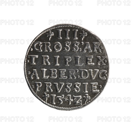 Trojak, Straub Strawb, Heinrich mintmaster/publisher; Decius, Jost Ludwik fl. 1528–1535 mint manager/co-creator. Obverse: male bust in armour in profile to right; short hair, long beard with sideburns. In rim an inscription beginning with a trefoil: -ALBER DG MAR BRAN DVX PRVSS pearl border, plant motifs between words. Reverse: in the pearl border an inscription in six lines: -III-.GROSS:AR:/.TRIPLEX./.ALBER:DVC./.PRVSSIE./-I54Z- denomination and date between trefoil marks. 1542. Ducal Prussia 1525–1701, Königsberg mint. Coin; diameter 21.1 mm; weight 2.53 g; axis 160°., A round metallic object with a worn surface and a raised rim, shown against a white background; the object appears silver-gray with darker gray areas in recessed sections and lighter highlights on raised edges; the surface displays a pattern of raised shapes and blank spaces arranged in horizontal bands across the object; the rim shows a repeated decorative border and the overall finish is slightly tarnished with small...