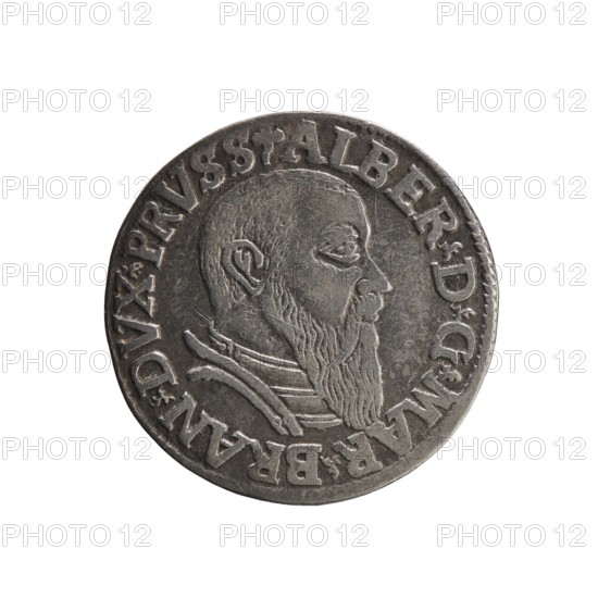 trojak; maker: Straub Strawb, Heinrich mintmaster; co-creator: Decjusz, Jost Ludwik fl. 1528–1535, mint manager. Iconography: Albrecht Hohenzollern Prince of Prussia; 1490–1568 — male busts in armour, trefoils. Obverse: male bust in armour in profile turned right; short hair, long beard with sideburns. In the rim an inscription beginning with a trefoil: -ALBER DG MAR BRAN DVX PRVSS; pearl border, plant motifs between the words. Reverse: in the pearl border an inscription in six lines: -III-.GROSS:AR:/.TRIPLEX./.ALBER:DVC./.PRVSSIE./-I54Z-; denomination and date between trefoil marks. Date: 1542. Place: Ducal Prussia 1525–1701, Königsberg mint. Object: coin trojak; diameter 21.3 mm; weight 2.56 g; axis 30°., A round metallic coin with a raised profile of a bearded man facing right, showing detailed facial features and a trimmed beard, with his neck and part of a collar visible; the coin surface is worn and textured with varying shades of silver and gray, and a raised rim encircles the p...