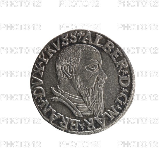 trojak, Decius, Jost Ludwik fl. 1528-1535 co-creator, Straub Strawb, Heinrich mintmaster/publisher, Albrecht Hohenzollern Prince of Prussia; 1490-1568 - iconography: trefoils, male busts in armour. Obv.: male bust in armour in profile turned to the right; short hair, long beard with sideburns. In the rim an inscription beginning with a trefoil: -ALBER DG MAR BRAN DVX PRVSS; pearl border, plant motifs between the words. Rev.: in the pearl border an inscription in six lines: -III-.GROSS:AR/.TRIPLEX./.ALBER:DVC./.PRVSSIE./-I54Z-; the denomination and date are between the trefoil marks. 1542. Ducal Prussia 1525–1701, Königsberg; coin. Diameter 21.2 mm, weight 2.61 g, axis 170°., A circular metallic coin with a raised profile of a bearded man facing right, showing detailed hair texture and a long beard, with a high collar and decorative lines on his clothing; the coin surface is silver-gray with darker tarnished areas and lighter highlights on raised features, and a rim with raised decorati...