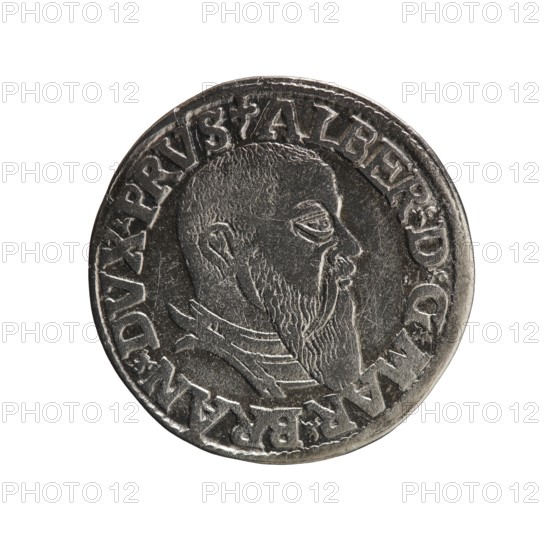 trojak, Schilling, Maciej mintmaster; Decjusz, Jost Ludwik fl. 1528-1535 co-creator; Albrecht Hohenzollern Prince of Prussia; 1490-1568 - iconography: trefoils, male busts in armour. Obv.: male bust in armour in profile turned to the right; short hair, long beard with sideburns. In the rim an inscription beginning with a trefoil: -ALBER DG MAR BRAN DVX PRVS; pearl border, plant motifs between the words. Rev.: in the pearl border an inscription in six lines: -III-/.GROSS:AR:/.TRIPLEX./.ALBER:DVC./.PRVSSIE./-I543-; the denomination and date are between trefoil marks. 1543; Ducal Prussia 1525–1701. Coin: diameter 21.7 mm, weight 2.48 g, axis 225°., A round metallic coin with a raised profile of a bearded man facing right, showing detailed hair and beard texture and a visible ear; the coin surface is silver-gray with darker shadowed recesses and lighter highlights on raised areas; a rim encircles the coin and a decorative band of raised shapes surrounds the portrait; the background is plai...