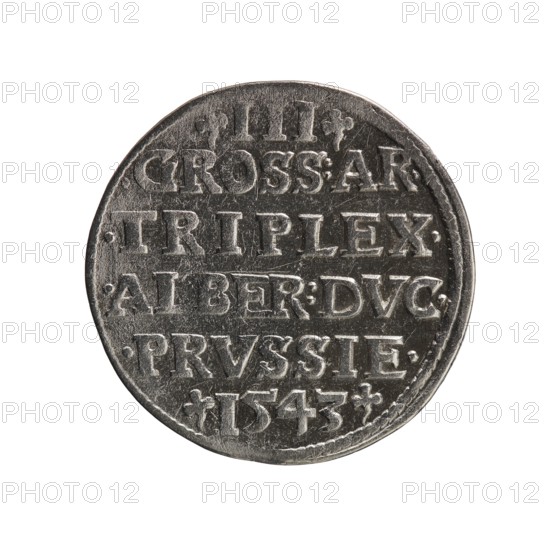 trojak, Schilling, Maciej mintmaster publisher, Decjusz, Jost Ludwik fl. 1528-1535 mint manager co-creator; Albrecht Hohenzollern Prince of Prussia; 1490-1568 — iconography: trefoils, male busts in armour. Obv.: male bust in armour in profile turned to the right; short hair, long beard with sideburns. In the rim an inscription beginning with a trefoil -ALBER DG MAR BRAN DVX PRVS; pearl border, plant motifs between the words. Rev.: in the pearl border an inscription in six lines -III-/.GROSS:AR:/.TRIPLEX./.ALBER:DVC./.PRVSSIE./-I543-; denomination and date between trefoil marks. 1543, Königsberg; Ducal Prussia 1525–1701. Coin, diameter 21.7 mm, weight 2.48 g, axis 225°., A round metallic coin shown against a white background with a worn surface and raised decorative elements across its face; the coin appears silver-gray with darker gray shadows in engraved areas and lighter gray highlights on raised edges, and it has an irregular slightly scalloped rim.