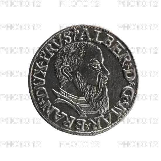 Trojak; Schilling, Maciej mintmaster and Decjusz, Jost Ludwik fl. 1528–1535 co-creator. Obverse: male bust in armour in profile turned right; short hair, long beard with sideburns. In the rim an inscription beginning with a trefoil: -ALBER DG MAR BRAN DVX PRVS, pearl border, plant motifs between the words. Reverse: in the pearl border an inscription in six lines: -III-/.GROSS:AR:/.TRIPLEX./.ALBER:DVC./.PRVSSIE./-I543-; the denomination and date are between trefoil marks. 1543. Ducal Prussia 1525–1701; Königsberg mint. Coin, diameter 21.2 mm, weight 2.66 g, axis 135°., A round metallic coin with a raised profile of a bearded man facing right, showing textured hair, ear, eye, nose, mustache, and long beard, and a collar or garment visible at the neck; the coin has a decorative raised border and raised rim with several evenly spaced raised marks around the edge; the visible colors are silver and dark gray with highlights and shadows creating contrast.