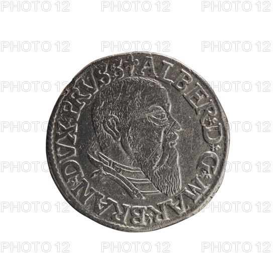 Trojak, Schilling, Maciej mintmaster / publisher, Decjusz, Jost Ludwik fl. 1528-1535 co-creator; mint manager. Albrecht Hohenzollern Prince of Prussia; 1490-1568 — iconography: trefoils, male busts in armour. Obv.: male bust in armour in profile turned to the right; short hair, long beard with sideburns. In the rim an inscription beginning with a trefoil: -ALBER DG MAR BRAN DVX PRVSS; pearl border, plant motifs between the words. Rev.: in the pearl border an inscription in six lines: -III-/.GROSS:AR:/.TRIPLEX./.ALBER:DVC./.PRVSSIE./-I543-. The denomination and date are between trefoil marks. 1543. Ducal Prussia 1525–1701, Königsberg mint. Coin, diameter 21.5 mm, weight 2.49 g, axis 0°., A circular metallic coin with a raised profile of a bearded man facing right, showing detailed facial features, hair texture, and a collar; the coin surface is worn with visible scratches and a slightly uneven edge, and there is raised decorative relief around the portrait; visible colors include silver...