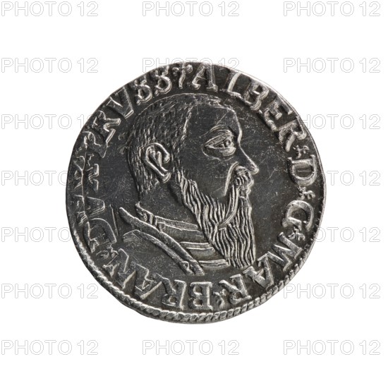 Trojak, Schilling, Maciej mintmaster; Decjusz, Jost Ludwik fl. 1528–1535 co-creator, mint manager. Obverse: male bust in armour in profile to right; short hair, long beard with sideburns; rim inscription beginning with a trefoil: -ALBER DG MAR BRAN DVX PRVSS; pearl border, plant motifs between words. Reverse: six-line inscription in pearl border: -III-/.GROSS:AR:/.TRIPLEX./.ALBER:DVC./.PRVSSIE./-1543-; denomination and date between trefoil marks. 1543. Ducal Prussia 1525–1701, Königsberg mint. Coin; diameter 20.8 mm; weight 2.57 g; axis 200°., A circular metallic object with a raised profile of a bearded man in side view, showing detailed hair and beard texture and a visible ear; the surface has incised lines and wear marks, with a decorative raised rim and a ring of raised characters around the edge. The colors visible are silver and gray with darker gray shadows.