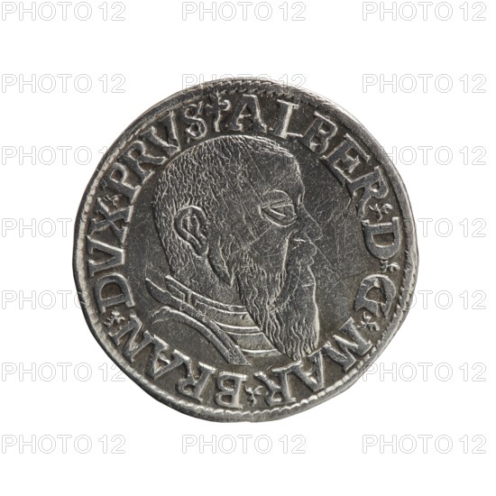 trojak, Schilling, Maciej mintmaster publisher, Decjusz, Jost Ludwik fl. 1528-1535 mint manager co-creator, Albrecht Hohenzollern Prince of Prussia; 1490-1568 - iconography, male busts in armour, trefoils. Obv.: Male bust in armour in profile turned to the right; short hair, long beard with sideburns. In the rim an inscription beginning with a trefoil: -ALBER DG MAR BRAN DVX PRVS; pearl border, plant motifs between the words. Rev.: In the pearl border an inscription in six lines: -III-/.GRO :AR:/.TRIPLEX./.ALBER:DVC./.PRVSSIE./-1543-. The denomination and date are between the trefoil marks. 1543. Ducal Prussia 1525-1701, Königsberg mint. Coin; diameter 21.5 mm; weight 2.58 g; axis 330°., A round metallic coin with a raised portrait of a bearded man in profile, showing textured hair and beard details and a visible ear, set against a slightly darker recessed background; the coin has a raised rim with decorative raised elements and a ring of embossed designs around the portrait; the surfa...