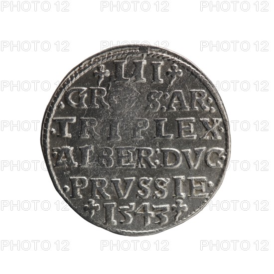trojak, Schilling, Maciej mintmaster publisher, Decjusz, Jost Ludwik fl. 1528-1535 mint manager co-creator, Albrecht Hohenzollern Prince of Prussia; 1490-1568 - iconography, male busts in armour, trefoils. Obv. Male bust in armour in profile turned to the right; short hair, long beard with sideburns. In the rim an inscription beginning with a trefoil: -ALBER DG MAR BRAN DVX PRVS; pearl border, plant motifs between the words. Rev. In the pearl border there is an inscription in six lines: -III-/.GRO :AR:/.TRIPLEX./.ALBER:DVC./.PRVSSIE./-I543-. The denomination and date are between the trefoil marks. 1543. Ducal Prussia 1525-1701, Königsberg mint. Coin; diameter 21.5 mm; weight 2.58 g; axis 330 degrees., A circular metallic coin with a worn, textured surface and raised, stamped characters; the coin shows a rim with decorative dots and small fleur-like motifs, and its color is predominantly silver-gray with darker gray areas in recessed parts and slight highlights on raised edges.
