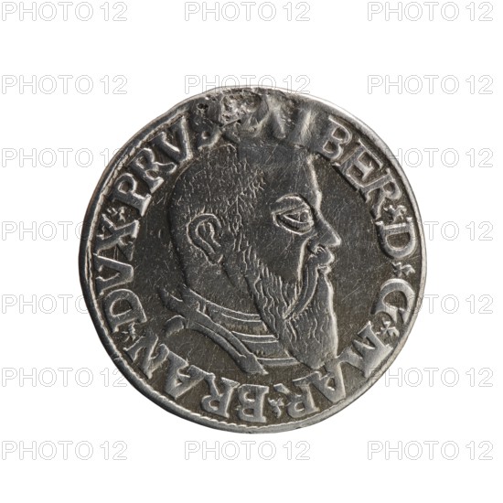 Trojak, Decjusz, Jost Ludwik fl. 1528–1535 co-creator; Schilling, Maciej mint master / publisher; Szymonski, Jan 1887–1954 creator. Albrecht Hohenzollern Prince of Prussia; 1490–1568 — iconography: trefoils, male busts in armour. Obverse: male bust in armour in profile turned to the right; short hair, long beard with sideburns. In the rim an inscription beginning with a trefoil:, ALBER DG MAR BRAN DVX PRVS; pearl border, plant motifs between the words. Reverse: in the pearl border an inscription in six lines: -III-/.GROSS:AR:/.TRIPLEX./.ALBER:DVC./.PRVSSIE./-I543-; the denomination and date are between trefoil marks. Date: 1543. Place: Ducal Prussia 1525–1701, Königsberg mint. Object: coin trojak; diameter 21.5 mm, weight 2.55 g, axis 270°., A circular metallic object with a raised profile of a bearded man facing right, showing his ear, eye, nose, mouth, and textured beard, surrounded by a raised rim and decorative edge details; the surface shows wear, scratches, and patina. Colors vis...