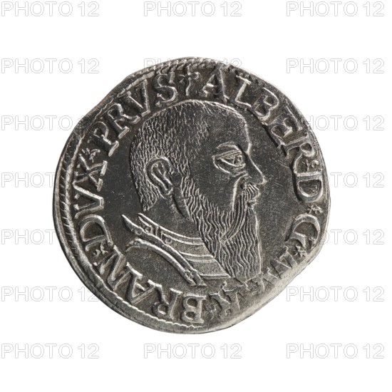 trojak, Schilling, Maciej mintmaster publisher, Decjusz, Jost Ludwik fl. 1528-1535 mint manager co-creator, Albrecht Hohenzollern Prince of Prussia; 1490-1568 - iconography, trefoils, male busts in armour. Obv.: male bust in armour in profile turned to the right; short hair, long beard with sideburns. In the rim an inscription beginning with a trefoil -ALBER DG MAR BRAN DVX PRVS; pearl border, plant motifs between the words. Rev.: in the pearl border an inscription in six lines -III-/.GROSS:AR:/.TRIPLEX./.ALBER:DVC/.PRVSSIE./-1544-; denomination and date between trefoil marks. 1544. Ducal Prussia 1525–1701, Königsberg mint. Coin; diameter 21.1 mm; weight 2.58 g; axis 135°., A round metallic coin with a raised profile of a bearded man facing right, showing detailed hair texture and a long beard; the coin has a decorative raised rim and a ring of raised characters around the portrait that are not described; the metal surface appears silver-gray with darker recessed areas and lighter high...