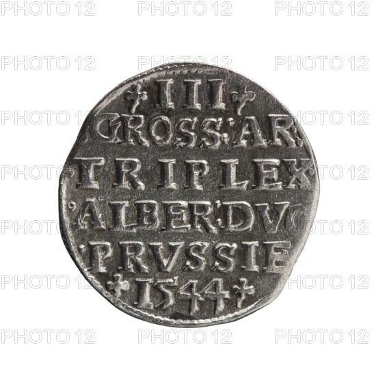 trojak, Schilling, Maciej mintmaster publisher, Decjusz, Jost Ludwik fl. 1528–1535 mint manager co-creator, Albrecht Hohenzollern Prince of Prussia; 1490–1568 - iconography: trefoils, male busts in armour. Obv.: male bust in armour in profile turned to the right; short hair, long beard with sideburns. In the rim an inscription beginning with a trefoil: -ALBER DG MAR BRAN DVX PRVS; pearl border; plant motifs between the words. Rev.: in the pearl border an inscription in six lines: -III-/.GROSS:AR:/.TRIPLEX./.ALBER:DVC/.PRVSSIE./-1544-. The denomination and date are between trefoil marks. 1544. Ducal Prussia 1525–1701, Königsberg mint. Coin; diameter 21.1 mm; weight 2.58 g; axis 135°.