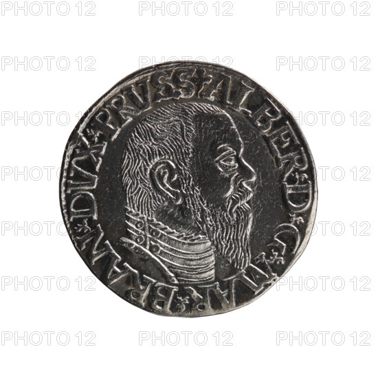trojak, Schilling, Maciej mintmaster; Decjusz, Jost Ludwik fl. 1528-1535 co-creator; mint manager. Obverse: male bust in armour in profile turned to the right; short hair, long pointed beard with sideburns. In the rim an inscription beginning with a trefoil -ALBER DG MAR BRAN DVX PRVSS; pearl border, plant motifs between the words. Reverse: in the pearl border an inscription in six lines -III-/.GROSS:AR:/.TRIPLEX./.ALBER:DVC./.PRVSSIE./-I544-; denomination and date between trefoil marks. 1544. Ducal Prussia 1525–1701, Königsberg mint. Coin trojak; diameter 21.0 mm; weight 2.65 g; axis 0°., A circular metallic coin with a raised profile of a bearded man wearing a layered collar, shown in profile facing right, surrounded by raised decorative lettering around the coin's edge; visible colors include silver and dark gray.