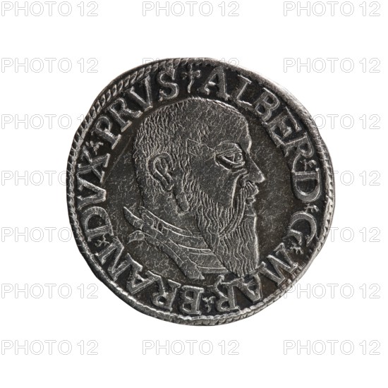 trojak, Schilling, Maciej mintmaster/publisher, Decjusz, Jost Ludwik fl. 1528-1535 co-creator; mint manager, Albrecht Hohenzollern Prince of Prussia; 1490-1568 - iconography, trefoils, male busts in armour. Obv.: male bust in armour in profile turned to the right; short hair, long beard with sideburns. In the rim an inscription beginning with a trefoil -ALBER DG MAR BRAN DVX PRVS; pearl border, plant motifs between the words. Rev.: in the pearl border an inscription in six lines -III-/.GROSS:AR:/.TRIPLEX./.ALBER:DVC./.PRVSSIE./-I544-; the denomination and date are between the trefoil marks. 1544. Ducal Prussia 1525-1701, Königsberg mint. Coin; diameter 21.6 mm; weight 2.59 g; axis 280°., A round metallic coin with a raised profile of a bearded man facing right, showing textured hair and a detailed beard, and wearing a layered collar; the coin has a decorative raised rim and embossed lettering around the edge; visible colors include silver, dark gray, and black.