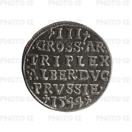 trojak, Decius, Jost Ludwik fl. 1528-1535 mint manager; co-creator, Schilling, Maciej mintmaster; publisher. Albrecht Hohenzollern Prince of Prussia; 1490–1568 — iconography: trefoils, male busts in armour. Obv.: male bust in armour in profile turned to the right; short hair, long beard with sideburns; in the rim an inscription beginning with a trefoil -ALBER DG MAR BRAN DVX PRVSS; pearl border; plant motifs between the words. Rev.: in the pearl border an inscription in six lines -III-/.GROSS:AR:/.TRIPLEX./.ALBER:DVC./.PRVSSIE./-1544-; the denomination and date are between trefoil marks. 1544. Duchy of Prussia 1525–1701, Königsberg mint. Coin; diameter 21.0 mm; weight 2.50 g; axis 90°., A round metallic coin with a dark silver-gray surface and lighter raised edges and details, showing wear and small scratches. The coin has a slightly irregular rim and a textured background, with a pattern of raised decorative dots and small floral-like marks near the edges. The overall color palette in...