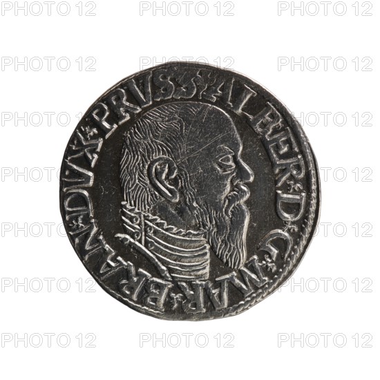 trojak, Schilling, Maciej mintmaster publisher, Decjusz, Jost Ludwik fl. 1528-1535 mint manager co-creator, Albrecht Hohenzollern Prince of Prussia; 1490-1568 - iconography; trefoils; male busts in armour. Obv.: male bust in armour in profile turned to the right; short hair, long pointed beard with sideburns. In the rim an inscription beginning with a trefoil -ALBER DG MAR BRAN DVX PRVSS; pearl border; plant motifs between the words. Rev.: in the pearl border an inscription in six lines -III-/.GROSS:AR:/.TRIPLEX./.ALBER:DVC./.PRVSSIE./-I544-; the denomination and date are between trefoil marks. 1544; Ducal Prussia 1525–1701; Königsberg mint. Coin; diameter 21.3 mm; weight 2.54 g; axis 320°., A round metallic coin shown against a white background, featuring a raised profile of a bearded man facing right with detailed hair and beard lines, a prominent ear, and a high collar with layered decorative ridges; the coin surface shows wear and scratches and a raised rim with decorative elements...